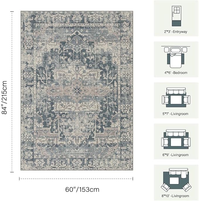5x7 Area Rugs for Living Room Bedroom, Blue Washable Rug, Vintage Retro Boho Rug, Non Slip & Low Pile Faux Wool Thin Carpet for Indoor Dining Room and Kids Room(Blue 5x7ft)