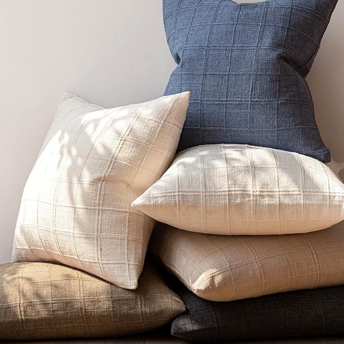 Foindtower Set of 2 Decorative Linen Check Throw Pillow Covers Neutral Farmhouse Vintage Cushion Covers Modern Boho Home Decor for Sofa Chair Couch Bedroom Living Room,20×20 Inch,Natural Beige
