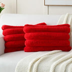 FUTEI Red Decorative Throw Pillow Covers 12x20 Inch Set of 2, Square Soft Faux Rabbit Fur Thick Striped Lumbar Pillow Case,Spring Home Decor for Couch Bed Living Room