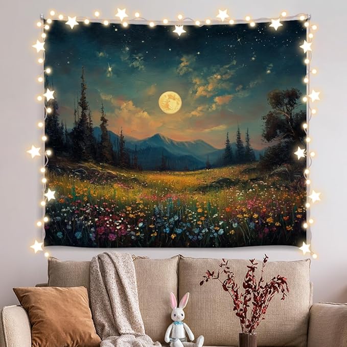 Moonlit Wildflower Forest Tapestry, Colorful Night Landscape Wall Tapestry Backdrop, Oil Painting Style Nature Scene Hanging Decor for Bedroom,Dorm, Studio and Aesthetic Home Space (Green-Moom)