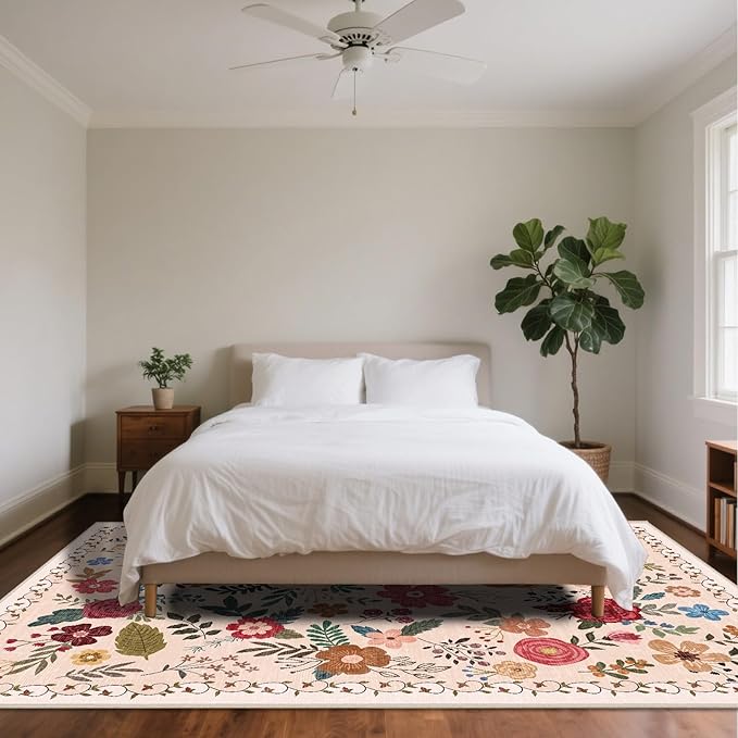 8x10 Area Rugs for Living Room Clearance Washable Boho Area Rug, Vintage Floral Non Slip Low Pile Large Rug for Living Room, Bedroom, Dining Room, Farmhouse (8 x 10 Beige Red)