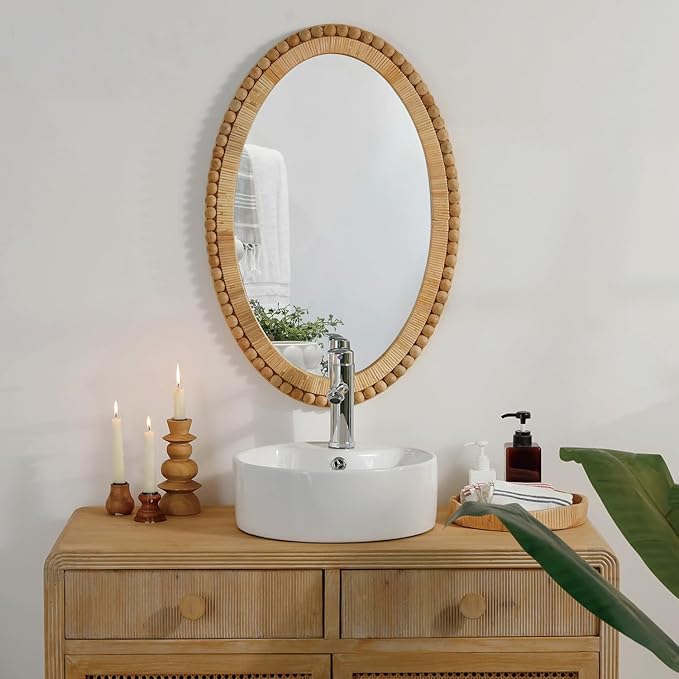 Rattan Wall Mirror - Boho Handmade Wicker Mirror Rustic Farmhouse Mirrors for Bathroom Entryway Wall Decor, 20" x 30", Oval