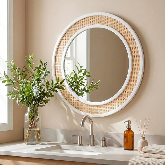 Round Rattan Mirror, 24" Circle Wall Mirror, Farmhouse Wooden Vanity Mirror with Handmade Wicker Frame, Decorative Boho Mirror for Nursery Bedroom Living Room Entryway White