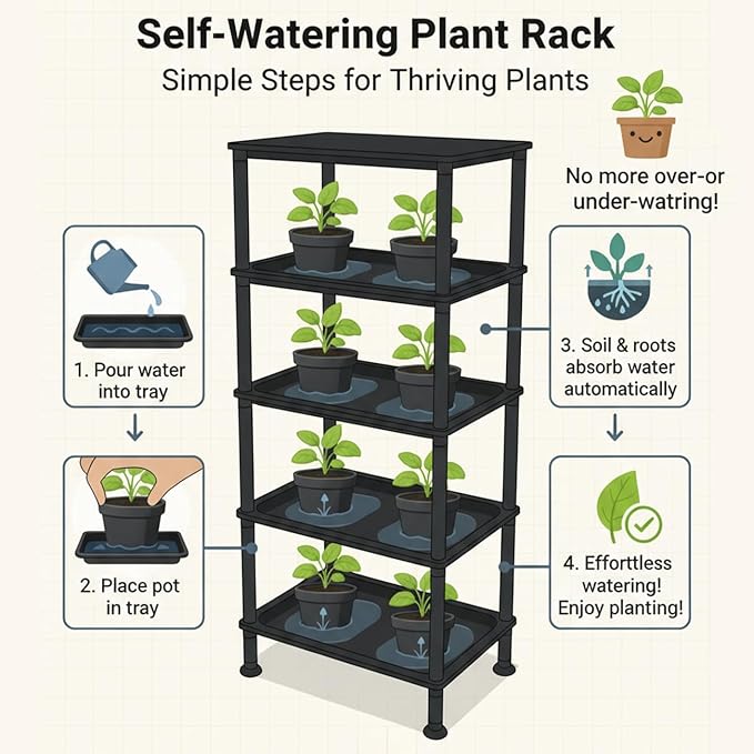 5-Tier Seed Starter Trays, Plant Stand, with Bottom-Watering Design– Reinforced Thickened Shelf for Small Pots, Balcony/Indoor Seed Starting & Greenhouse, Black