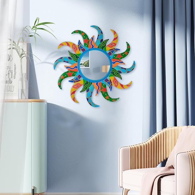 Colorful Sun Wall Mirror Decorative 25 inch Metal Frame Sunburst Boho Mirror for Entryway Bedroom Living Room Bathroom House Warming Gifts New Home Essential (Blue)