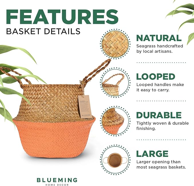 Blueming Large Wicker Planter Basket – 12 Inch Seagrass Plant Pot in Boho Orange for Olive Trees, Faux Plants, or Indoor Decor, Woven Baskets Basket for Living Room or Modern Home Styling