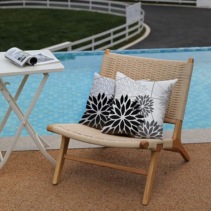 Black Grey Floral Pillow Covers 18x18 Set of 2 Outdoor Waterproof White Colored Decorative Throw Pillows Summer Pillowcase Polyester Cushion Case Decor for Couch Patio Funiture Garden Porch 01L18
