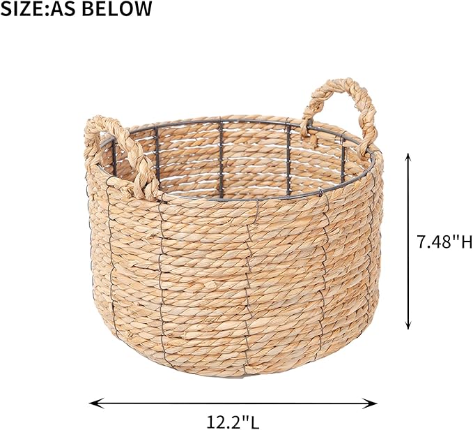 Round Wicker Storage Basket, Woven Large Water Hyacinth Bin with Handles, 12''x 7''