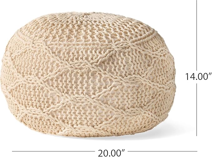 Malibu Knitted Wool 20 x 20 Round Pouf,Furniture,Primary Living Space,Bean Bag Chairs & Lazy Sofa Chair,Ivory