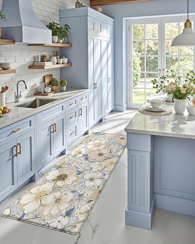 DEXI Kitchen Mats for Floor, 23x59, Cushioned Standing Mat Anti Fatigue, Wide Waterproof Comfort Floral Padded for Laundry Room Office, Blue and Yellow