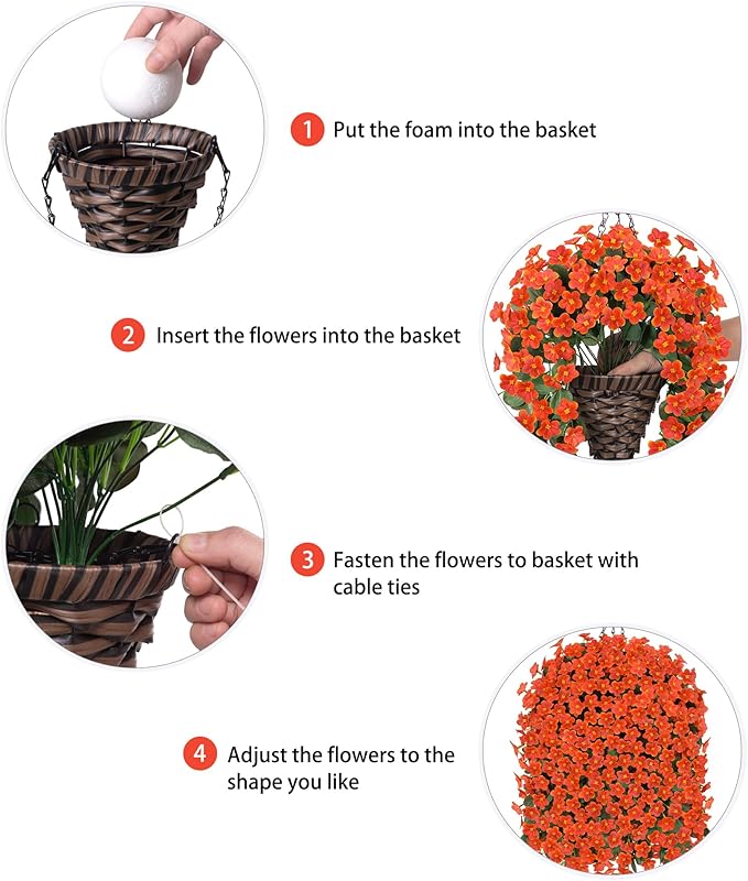 HyeFlora Artificial Fake Hanging Flowers Plants Baskets for Winter Christmas Outdoor Outside, Faux Silk Orange Daisy in Planter UV Resistant Orchid for Home Porch Garden Yard Patio Decor