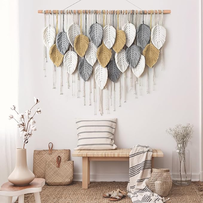 LOMOHOO Large Macrame Wall Hanging, Boho Home Decor, Bohemian Woven Tapestry Leaf Feather Wall Art Decoration for Living Room Bedroom Apartment Gallery Dorm Perfect Handmade Gift Ideas 39" W x 30.7" L
