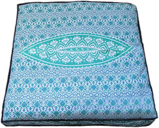 INDIAN CRAFT CASTLE ICC 24" Green Ombre Mandala Barmeri Large Floor Pillow Cover Cushion Meditation Seating Ottoman Throw Cover Hippie Decorative Zipped Bohemian Pouf Ottoman Pom Pom Cases 24" Square