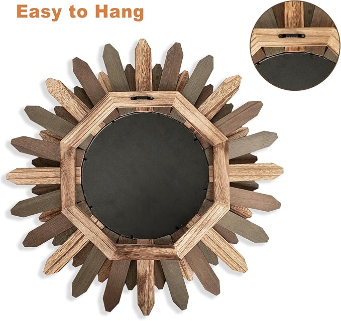 Emfogo Wall Mirror 21 inch Large Rustic Wood Boho Mirror Wall Decor Boho Room Decor Home Decor Aesthetic Farmhouse Decor for Bedroom Living Room Entryway(Tri-Color)