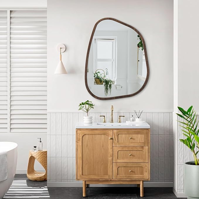 Irregular Wall Mirror Asymmetrical Large Bathroom Mirror Wood Framed Modern Artistic Decorative Vanity Mirrors for Bedroom Living Room Entryway Hallway 26"x18"