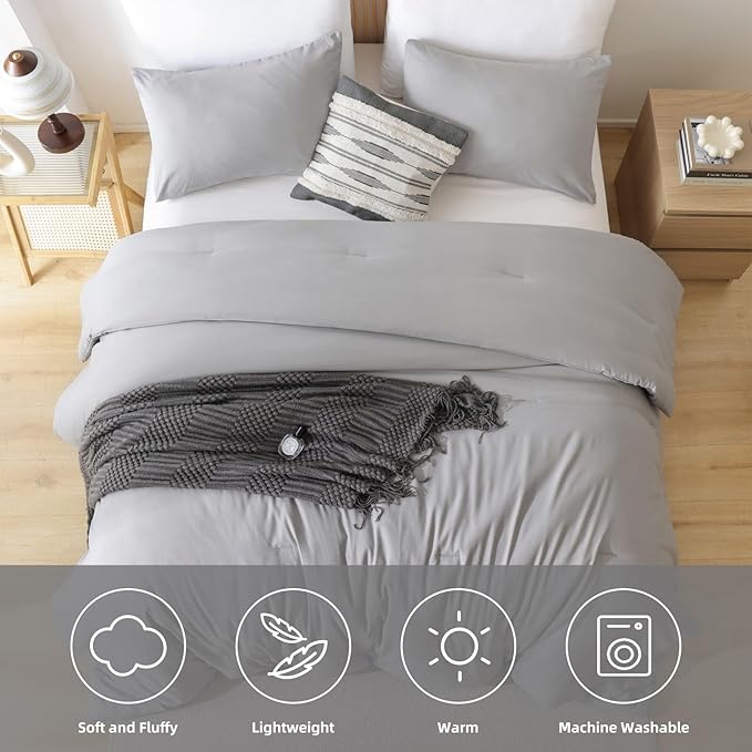ROSGONIA Oversized King Comforter 128x120, 3pcs Super King Plus Comforter (1 Gray Comforter & 2 Pillowcases) Lightweight Oversized King Bedding Set Quilt