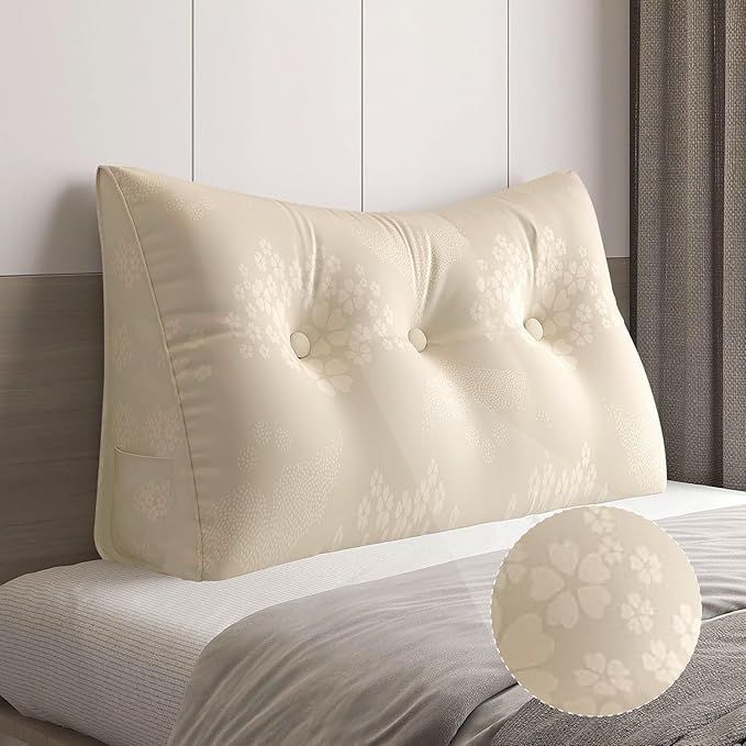 WOWMAX Wedge Pillow Headboard Dorm Headboard Twin XL Bed Cream Bolster Pillow for Bed, Jacquard Satin Fabric 100% Pure Cotton, Light Beige