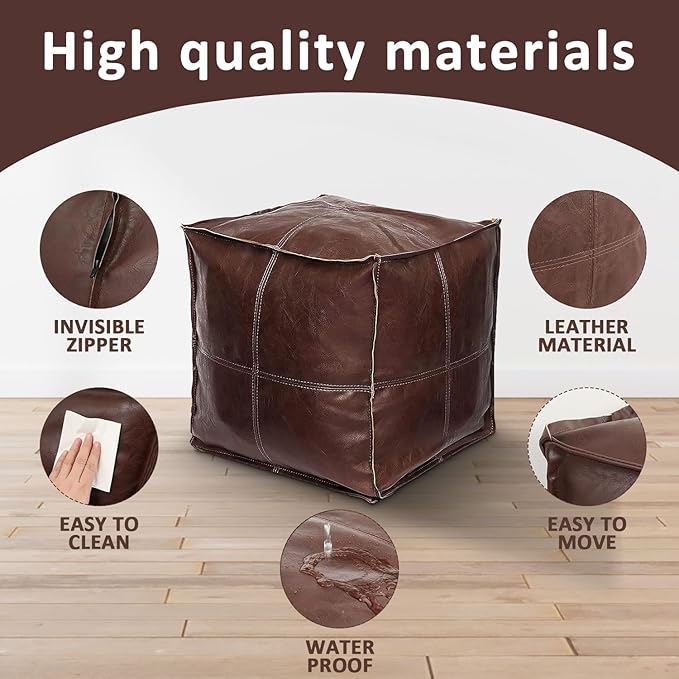 Louis Donné Unstuffed Ottoman Pouf Cover, Faux Leather Pouf Cover Foot Stool, 17.7" Square Small Bean Bag Footstool, Soft Ottoman FootRest with Storage for Living Rooms Bedrooms, Brown(ONLY Cover)