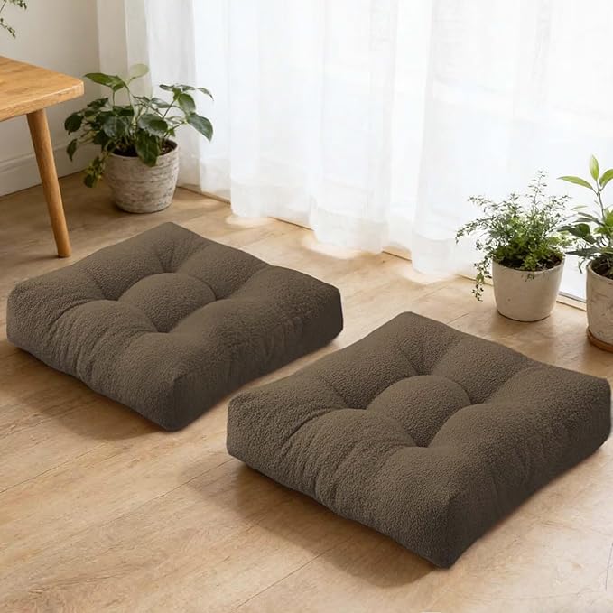 Large Floor Pillows for Adults Set of 2, Thick Meditation Pillows for Floor Seating, Square Seat Cushions for Picnic Party Home Decor, Brown 18x18 in