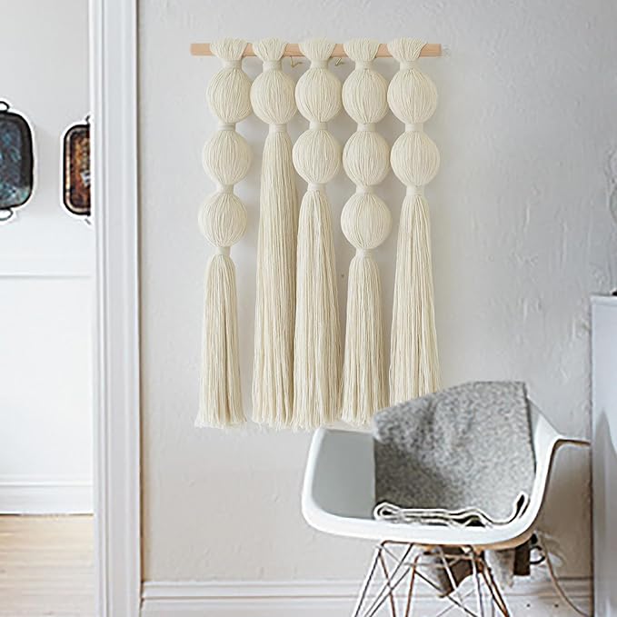 Macrame Wall Hanging Boho Wall Decor with Cotton Ball Tassels Handmade Fiber Wall Art for Living Room Bedroom