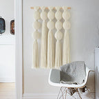 Macrame Wall Hanging Boho Wall Decor with Cotton Ball Tassels Handmade Fiber Wall Art for Living Room Bedroom
