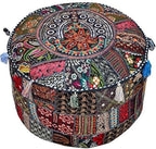 Sophia-Art Indian Embroidered Patchwork Cover Indian Decorative Comfortable Floor Cotton Cushion Ottoman Pouf, Designs Ethnic Patchwork Pouf (Black, 14"x22") (Cover Only)