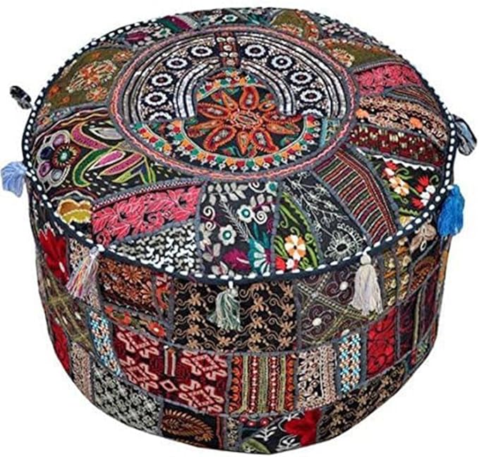 Sophia-Art Indian Embroidered Patchwork Cover Indian Decorative Comfortable Floor Cotton Cushion Ottoman Pouf, Designs Ethnic Patchwork Pouf (Black, 14"x22") (Cover Only)