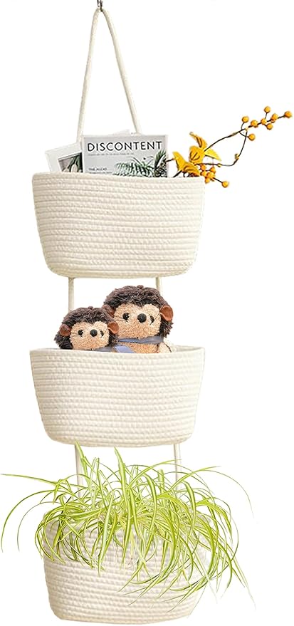 AARAINBOW Wall Hanging Cotton Baskets, Large 3 Tier Decorative Basket for Wall, Nursery, Bathroom, Boho Organizing (B-White)