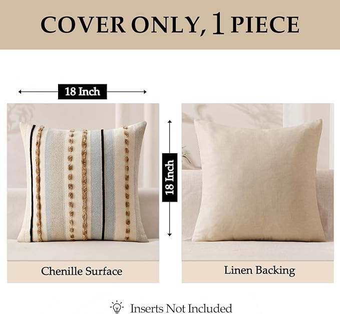 ANRODUO Pack of 1 Boho Decorative Throw Pillow Covers 18x18 Farmhouse Cushion Case Striped Chenille Pillow Cases Square Pillow Covers Accent Neutral Pillowcase for Sofa Couch Bed, Light Blue Stripe