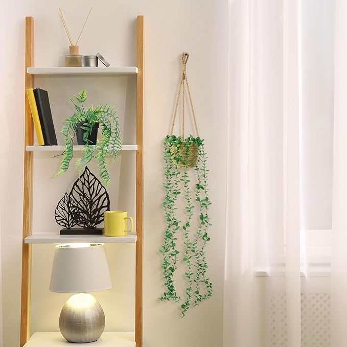 6 Set Mini Fake Hanging Plants with Woven Basket Boho Artificial Ivy Faux Vines Eucalyptus Leaf for Indoor Home Wall Living Room Bathroom Shelf Decor (Eucalyptus Leaf)