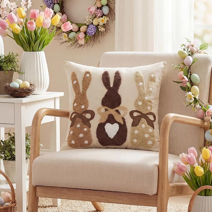 AVOIN colorlife Easter Polka Dot Love Heart Bunny Embroidered Throw Pillow Cover, 18 x 18 Inch Bow Rabbits Tufted Patterned Linen Decoration Cushion Case for Sofa