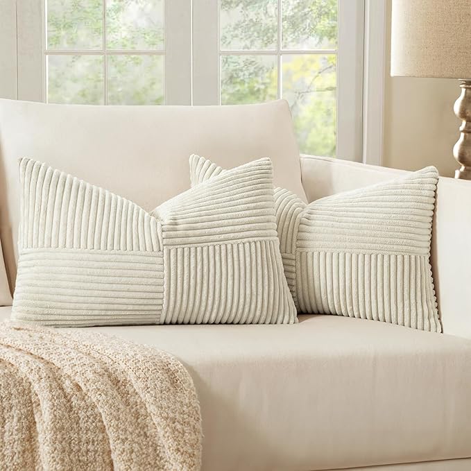 MIULEE Beige Decorative Throw Pillow Covers 12x24 Inch for Couch Bed Sofa Pack of 2 Boho Neutral Farmhouse Throw Pillows Soft Cross Corduroy Patchwork Textured Cushion Cases