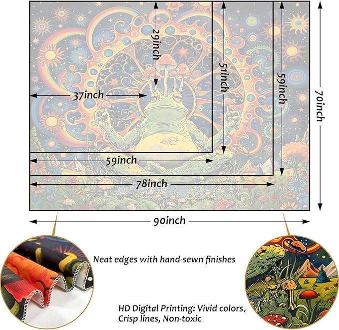 ARTCREATOR Funny Vintage Frog Mushroom Tapestry, Whimsical Mushroom Decor Hippie Wall Tapestries for Living Room Bedroom (51" x 59")