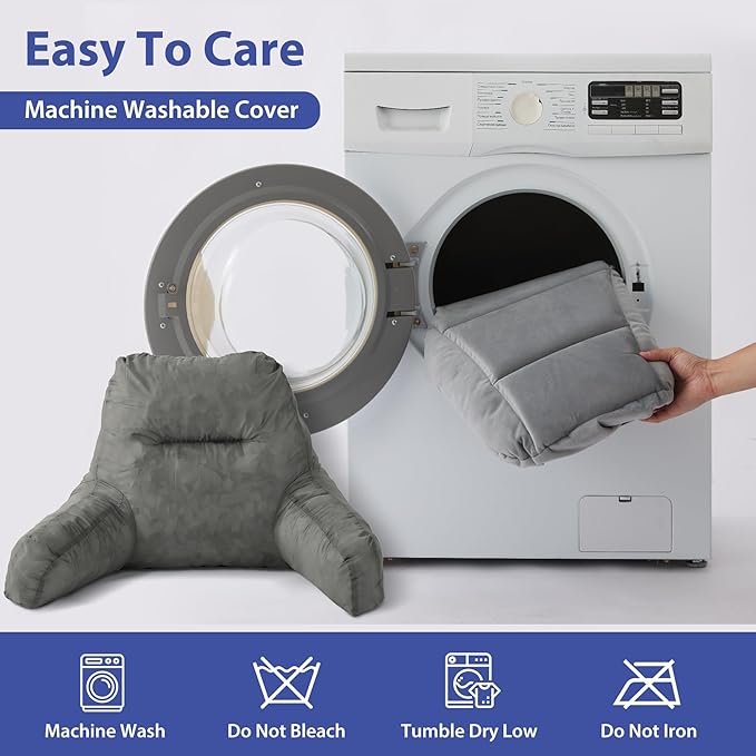 Reading Pillows for Sitting in Bed Adult, Back Pillow for Bed Sitting Up, Backrest Pillows with Shredded Foam for Adult&Teens, Support Pillow with Arms for Beds, Couch, Floor, 18in, Grey