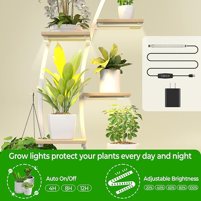 Plant Stand Shelf Rack Indoor with 8 Built in Grow Light, 10 Tiered 65" Tall White Large Lighted Half Moon Curved Plant Stand for Indoor Growing, 2 Pack Arch Sturdy High Herb Shelving
