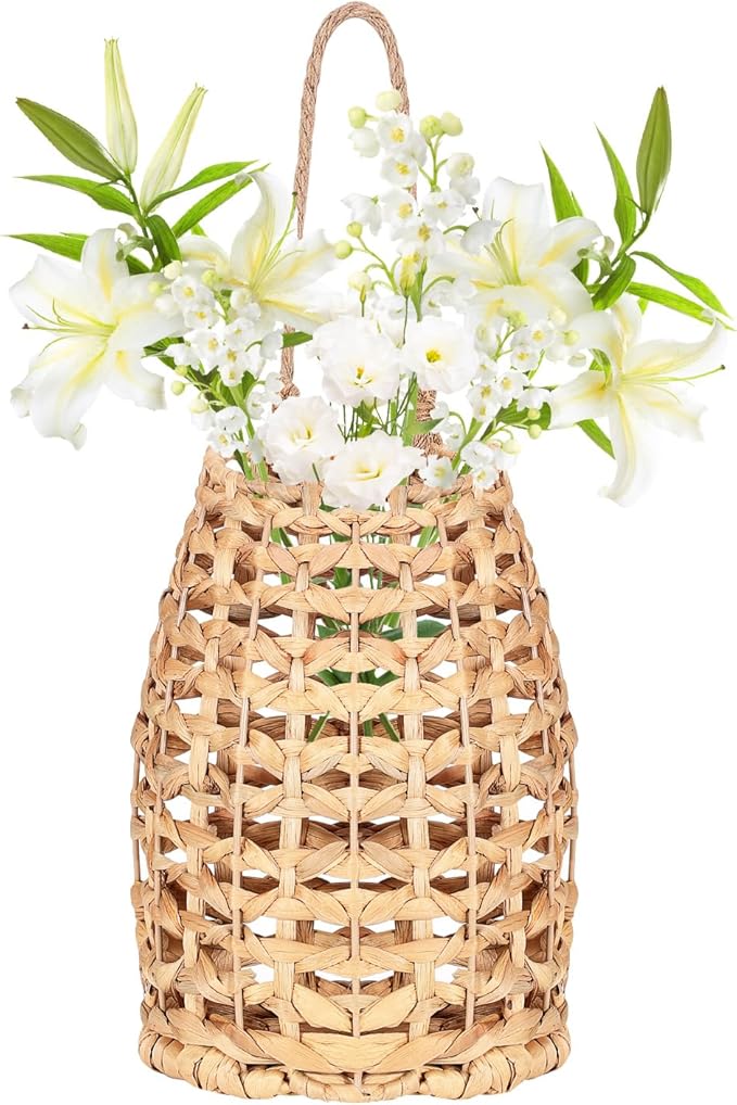 Water Hyacinth Woven Hanging Basket,Wall Hanging Flower Basket,Boho Coastal Woven Front Door Decorate,for Home,Pantry, Farmhouse Decorative Organizer for Entryway Easter, Mother's Day flower basket