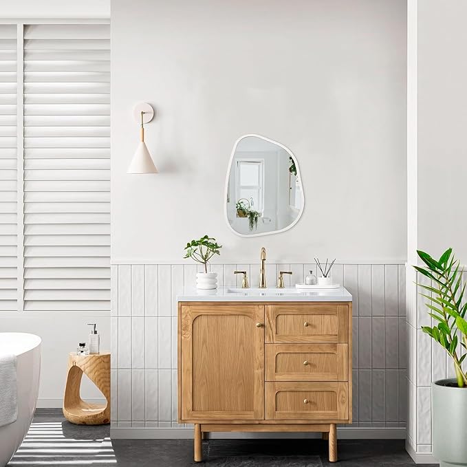 Irregular Wooden Framed Wall Mirror Modern Asymmetrical Unique Hanging Mirror Artistic Boho Mirror Decor Bathroom Vanity Bedroom Living Room Entryway Hallway 14'' x 10''