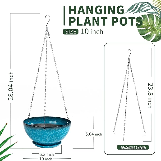 2 Pack 10 inch Hanging Planters, Plastic Hanging Plant Pots with Drainage Hole and Chain, Hanging Flower Pots for Outdoor Indoor Plants (Snowflake Blue)