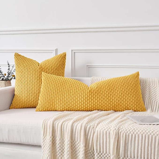Kevin Textile 14x36 Inch Long Lumbar 1 Pack Boho Decorative Throw Pillow Cover Soft Striped Corduroy Rectangle Cushion Case Farmhouse Solid Color Accent for Living Room Couch Sofa Bed, Mustard Yellow