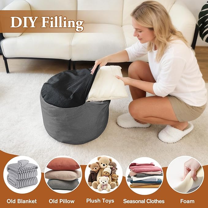 2PCS 20 * 20 * 12inch Unstuffed Ottoman Pouf Cover Unfillable Pouf Cover Foot Rest with Storage Corduroy Round Foot Stool Covers for Living Room Bedroom Home Decor,Grey