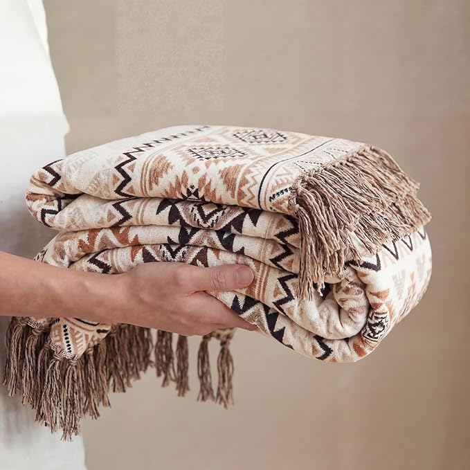CASAAGUSTO Boho Throw Blanket - Brown White Decorative Blankets with Tassel, Printed Flannel Bohemian Blanket for Chair, Bed, Sofa, Couch(60 * 80, Brown White)