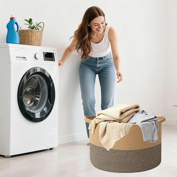 90L Large Blanket Basket,21.7"L x 21.7"W x 13.8"H Rope Woven Baskets with Handles, Toys Storage Bins,Laundry Basket Perfect for Living Room, Nursery,Bedroom,Home Organization,Jute&Black