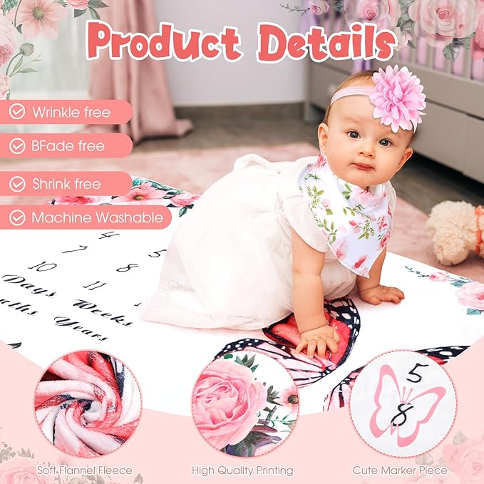 Chumia 6 Pcs Baby Monthly Milestone Blanket for Girl 60" x 40" Butterfly Milestone Blanket Age Photo Photography Backdrop with Newborn Calendar Growth Chart Bib Headband(Pink,Floral Pattern)