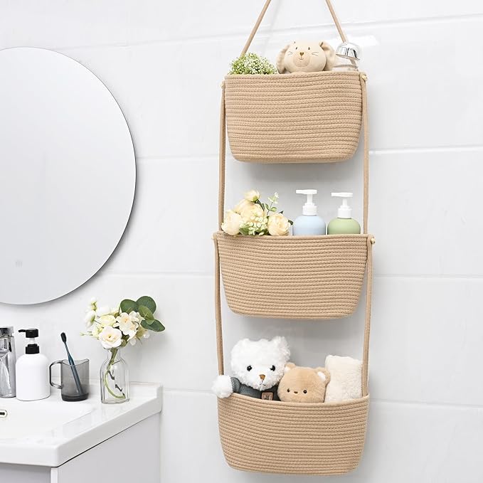 Hanging Basket, 3-Tier Wall Baskets, Over the Door Organizer with 4 Hooks, Hanging Baskets for Organizing, Woven Storage Basket Behind the Door for Nursery, Bedroom, Living Room, Kitchen