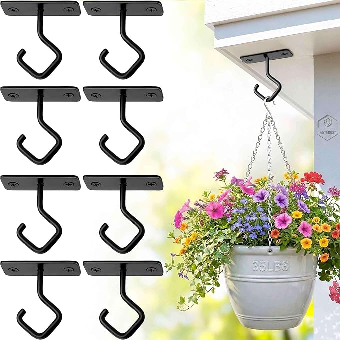 Ceiling Hooks for Hanging Plants - 2.5 Inch Iron Plant Bracket 8 Pack, Metal Plant Hanger Wall Hooks for Plants, Lanterns, Light, Wind Chimes, Indoor&Outdoor Decoration Black