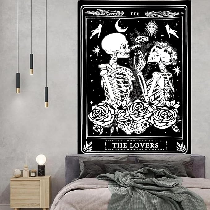 Onivein The Lovers Skull Tapestry Gothic Tapestry Vertical Black and White Skeleton Gothic Witch Sun Moon Floral Plant Snake Tapestries Wall Hanging Decor for Bedroom Dorm Room 60 x 80 Inches