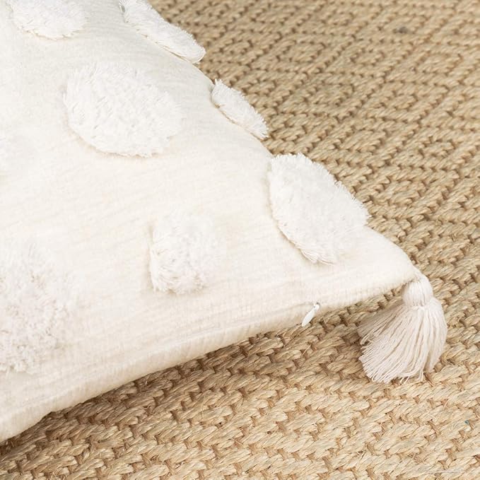 PLWORLD Boho White Throw Pillow Cover 20x20 Inch with Tassels, Pom Pom Tufted Decorative Cream Chenille Fabric Accent Textured Cushion Case for Bed Couch, 1 PC Cover Only No Insert