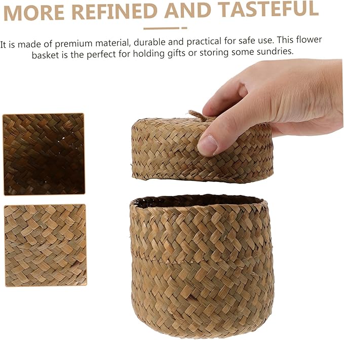 PRETYZOOM Woven Flower Basket with Lid Handmade Mini Storage Container for Sundries Seagrass Decorative Box for Home Parties and Flower Shops