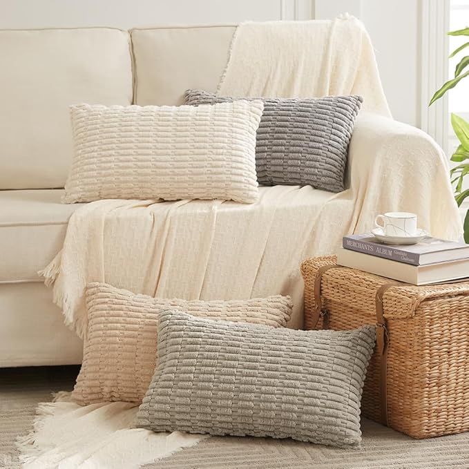 Fancy Homi 4 Packs Tan Decorative Throw Pillow Covers 22x22 Inch for Living Room Couch Bed Sofa, Beige Rustic Farmhouse Boho Home Decor, Soft Plush Striped Corduroy Square Cushion Case 55x55 cm