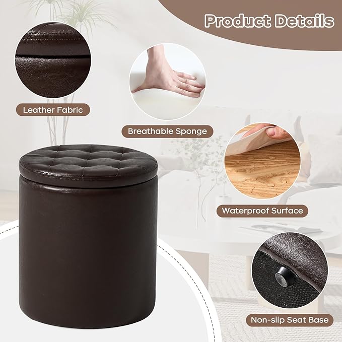 Round Set of 2 14.76" L x 14.76" W x 17.32" H Faux Leather Ottoman with Storage, Small Foot Rest Storage Ottomen with Lid Living Room, Bedroom Vanity Stool Chair, Coffee